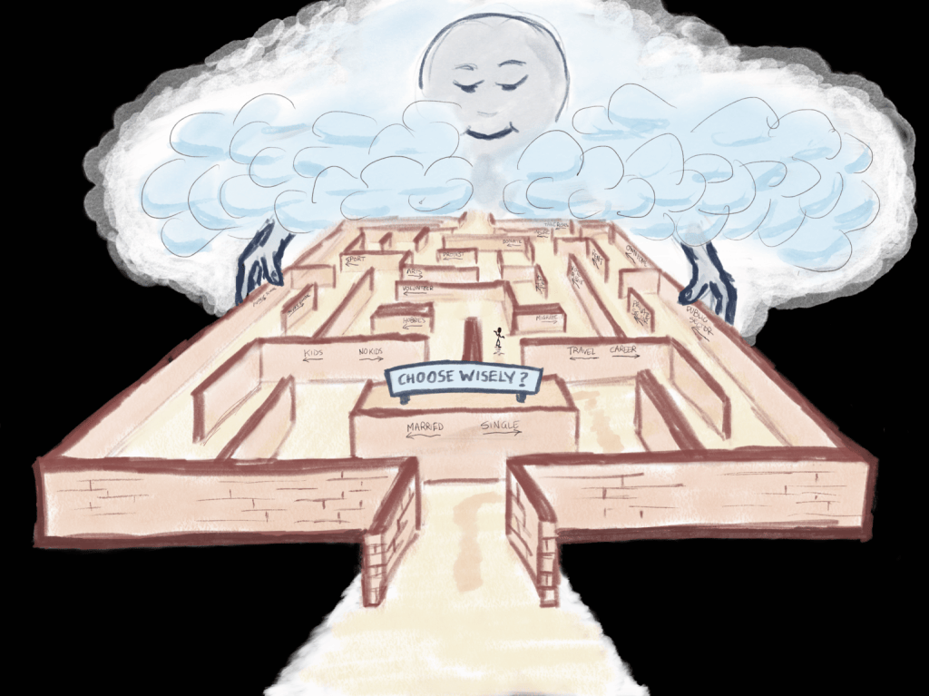 Tiny person in a huge maze of life decisions, with a single entry and exit. The maze is held by an omnipotent being in the clouds. Represents the tension between a person's free-will at the micro level and their inevitable fate at the macro level.